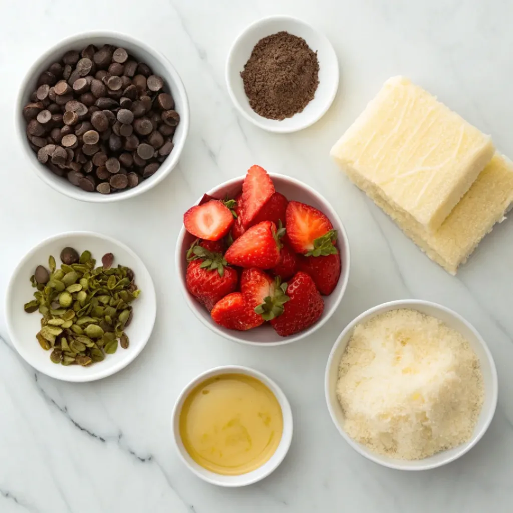 Dubai Chocolate Strawberry Cup – Pistachio Crunch Dessert 6 Flat lay of chocolate strawberry pistachio dessert ingredients