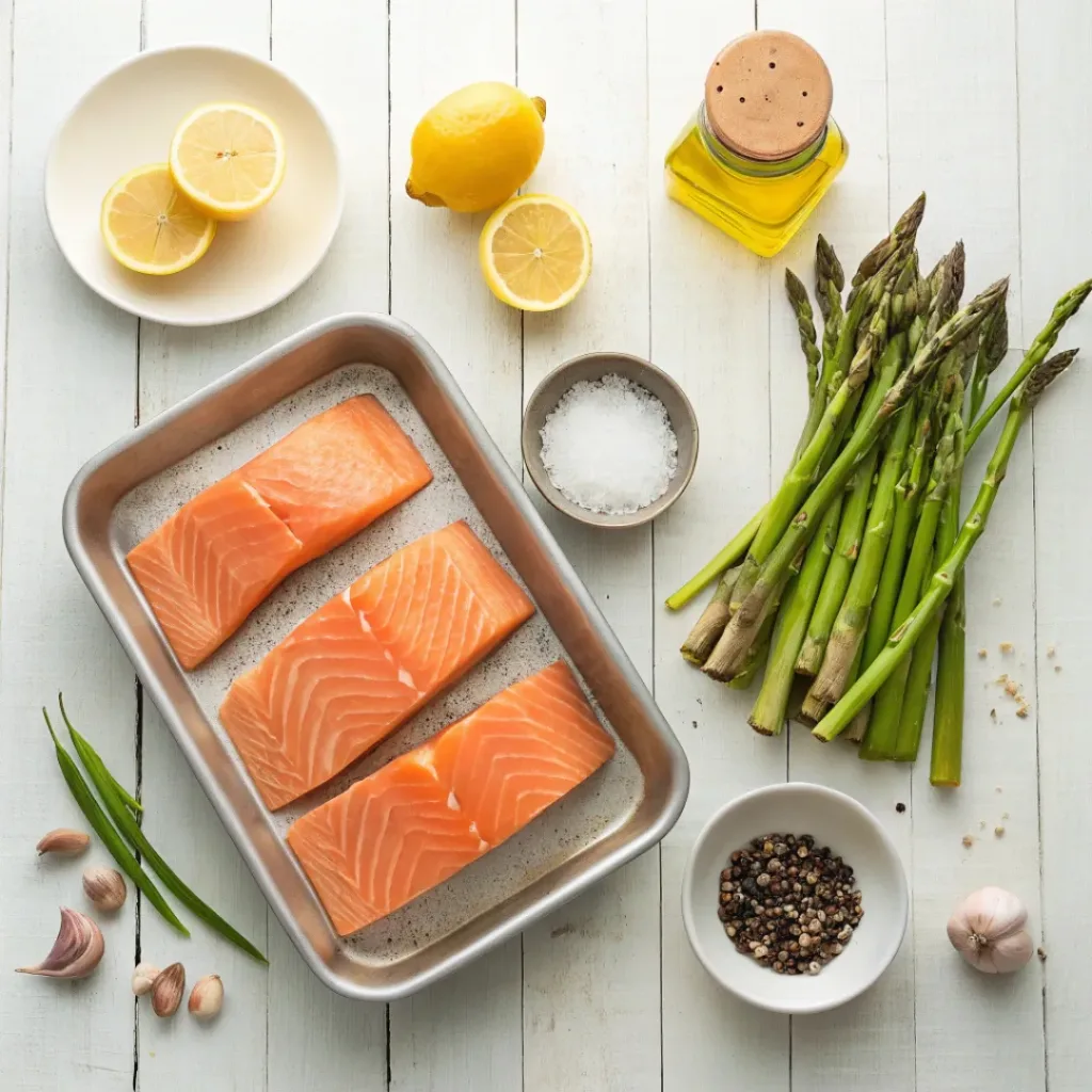 Flat lay of salmon, asparagus, and lemon ingredients