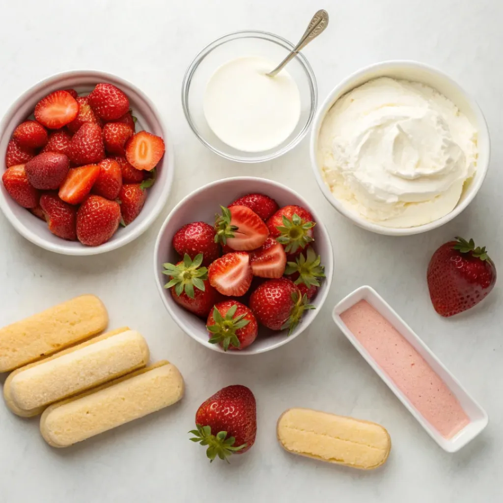 Flat lay of strawberry tiramisu ingredients