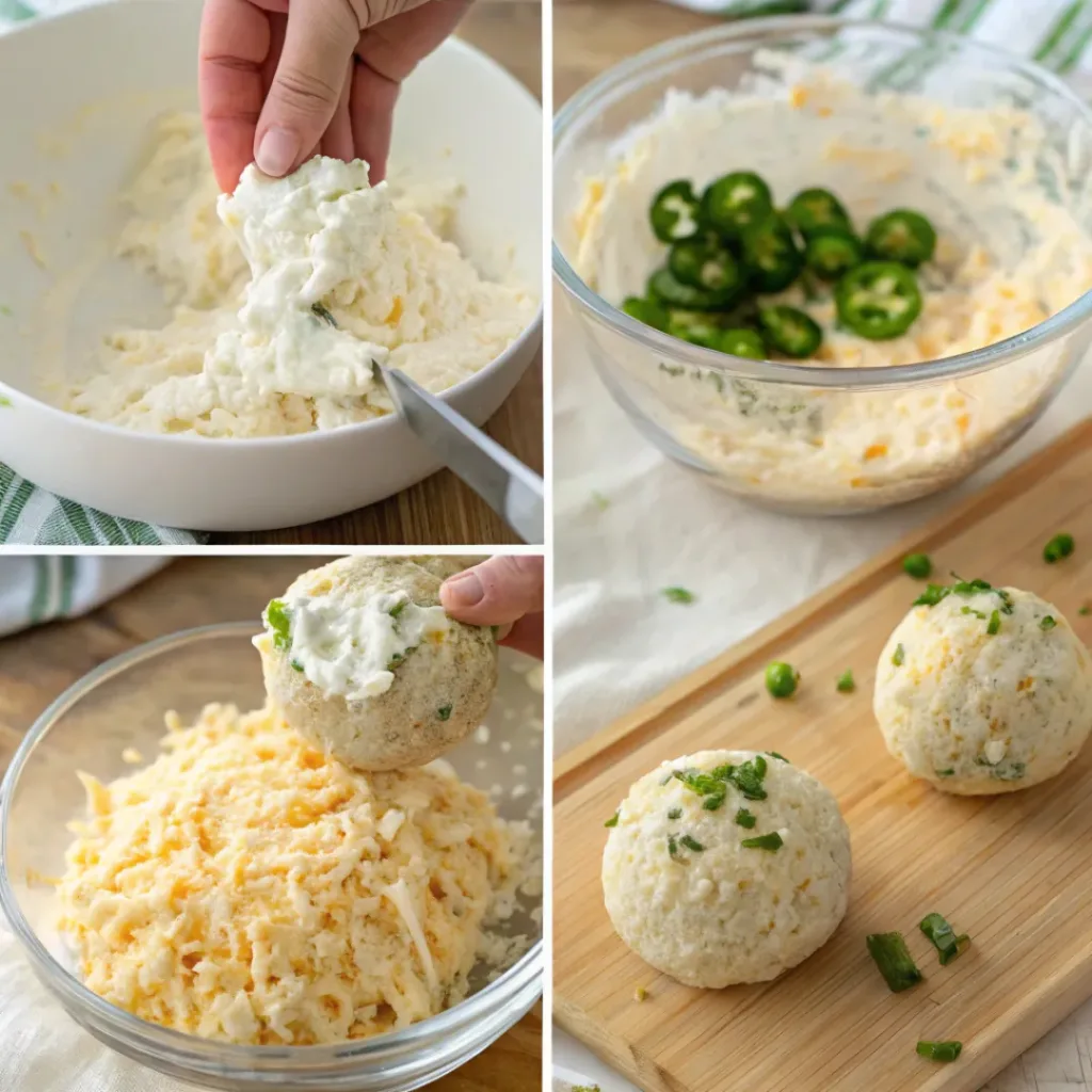 Easy Jalapeño Popper Cheese Ball Recipe 7 Step-by-step collage of making jalapeño popper cheese ball