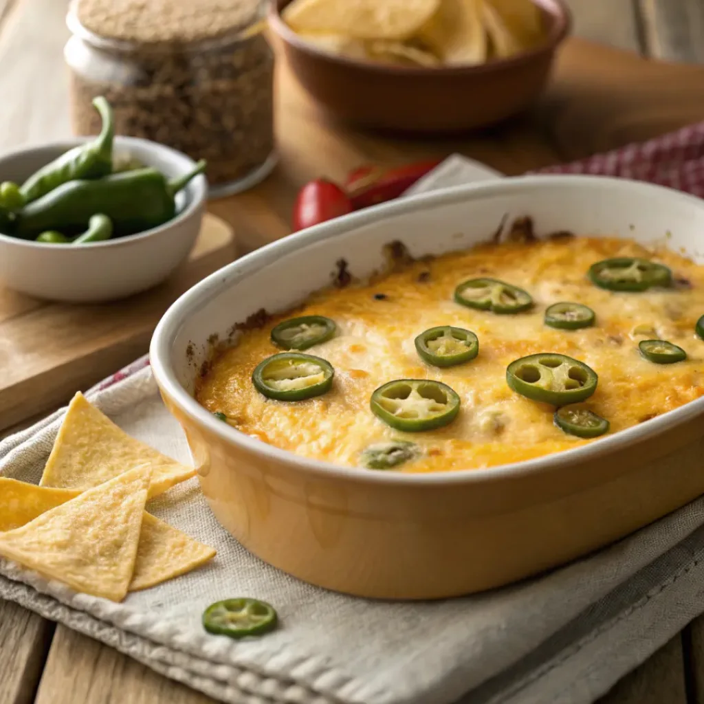 Jalapeño popper dip served with chips and bread