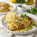 Golden Romano-crusted lemon chicken served with lemon slices and fresh parsley.