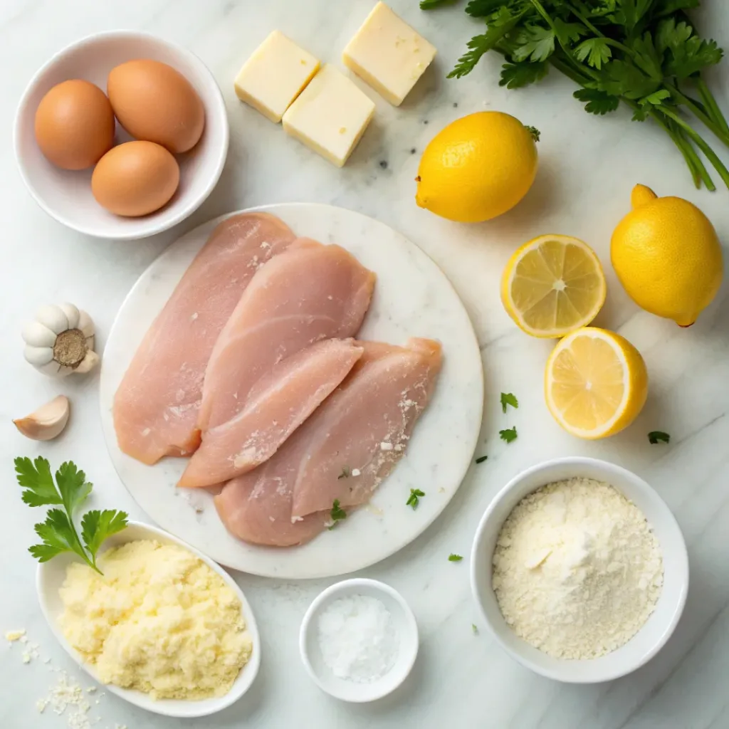 Crispy Lemon Chicken Romano 6 Flat lay of all ingredients needed to make Lemon Chicken Romano.