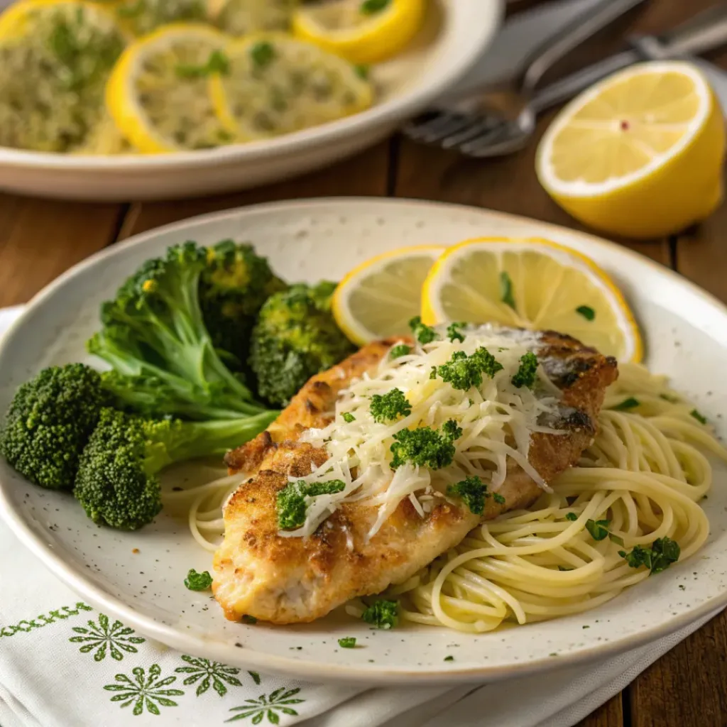 Crispy Lemon Chicken Romano 8 Plated Lemon Chicken Romano served with pasta and broccoli.