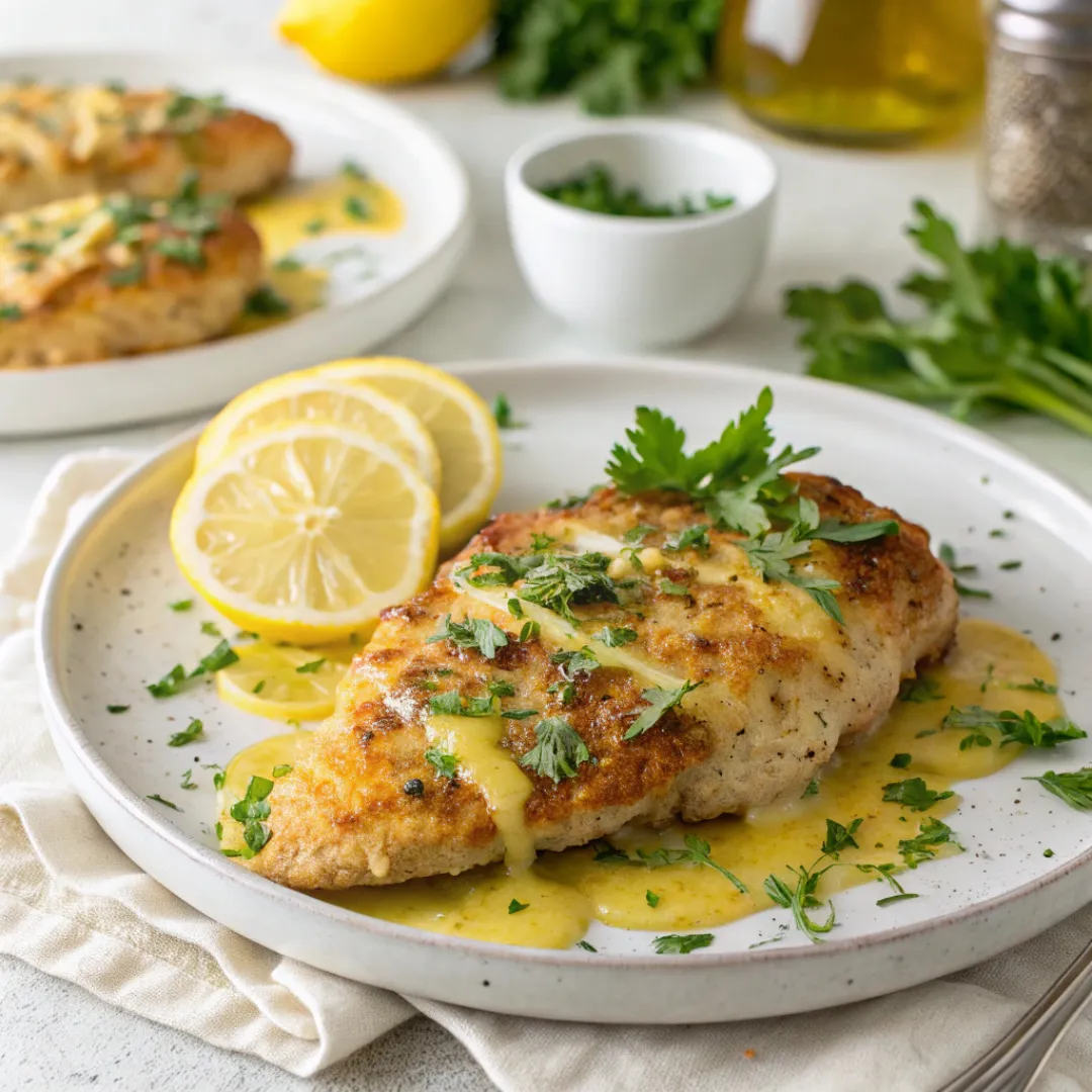 Golden Romano-crusted lemon chicken served with lemon slices and fresh parsley.