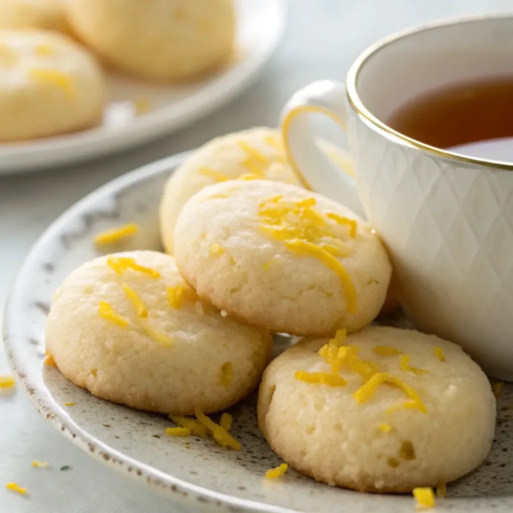 Served Lemon Cookies on plate with cup of tea