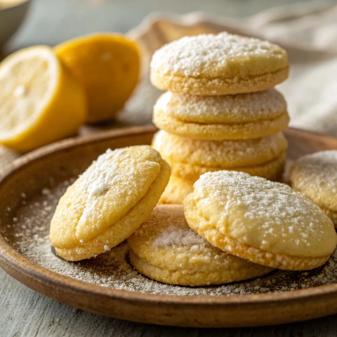 Close-up of soft Lemon Cookies stacked on plate