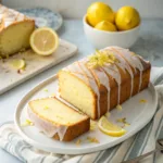 Whole Lemon Pound Cake with a slice cut to show moist interior.