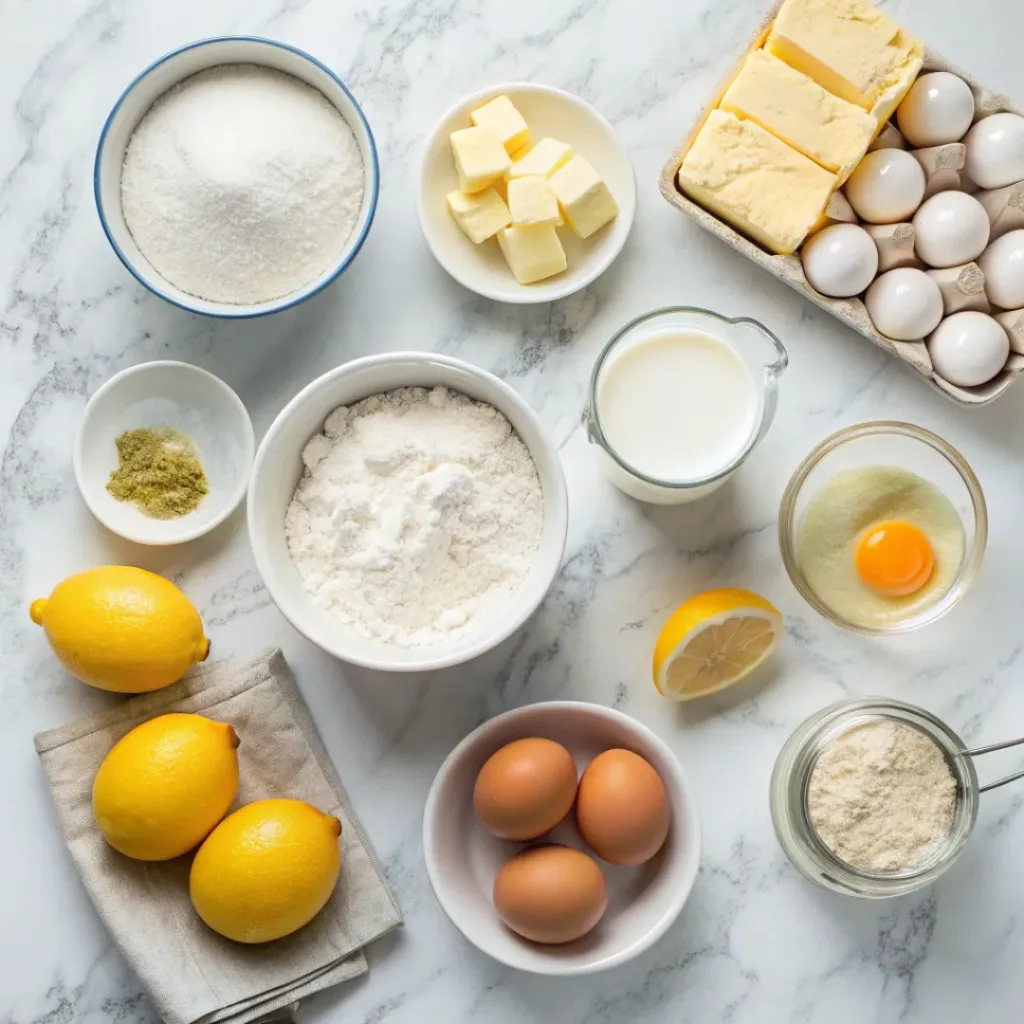 Lemon Pound Cake – Moist, Zesty & Classic Dessert 6 Flat lay of all ingredients for Lemon Pound Cake.