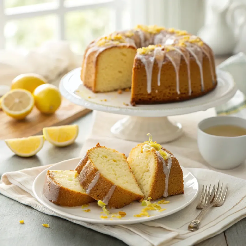Lemon Pound Cake – Moist, Zesty & Classic Dessert 8 Sliced Lemon Pound Cake with glaze and lemon zest.