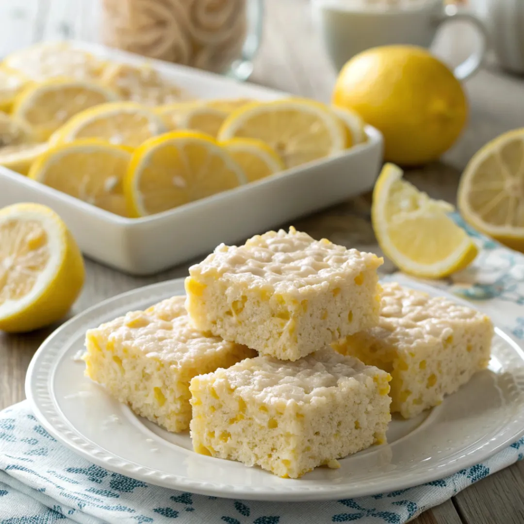 Lemon Rice Krispy Treat squares served on a plate