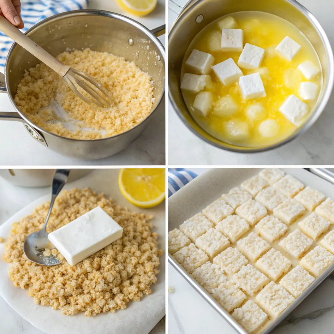 Collage showing how to make Lemon Rice Krispy Treats