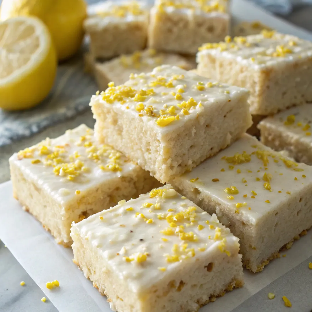 Close-up of Lemon Rice Krispy Treat squares with lemon zest