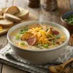 Bowl of loaded baked potato soup topped with cheese and green onions