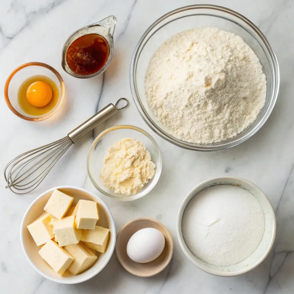 Maple Shortbread Cookies – Buttery, Crisp & Cozy 6 Maple Shortbread Cookies ingredients flat lay