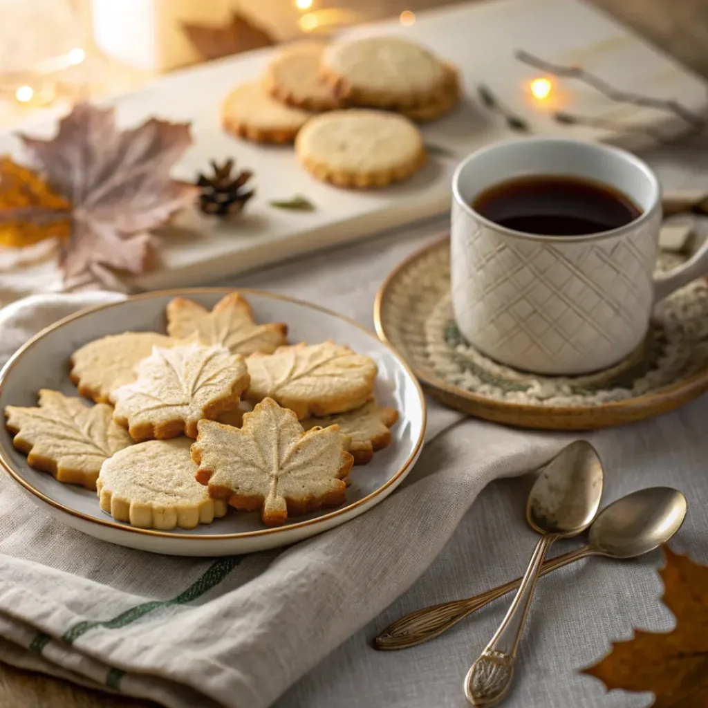Maple Shortbread Cookies – Buttery, Crisp & Cozy 8 Maple shortbread cookies served with tea