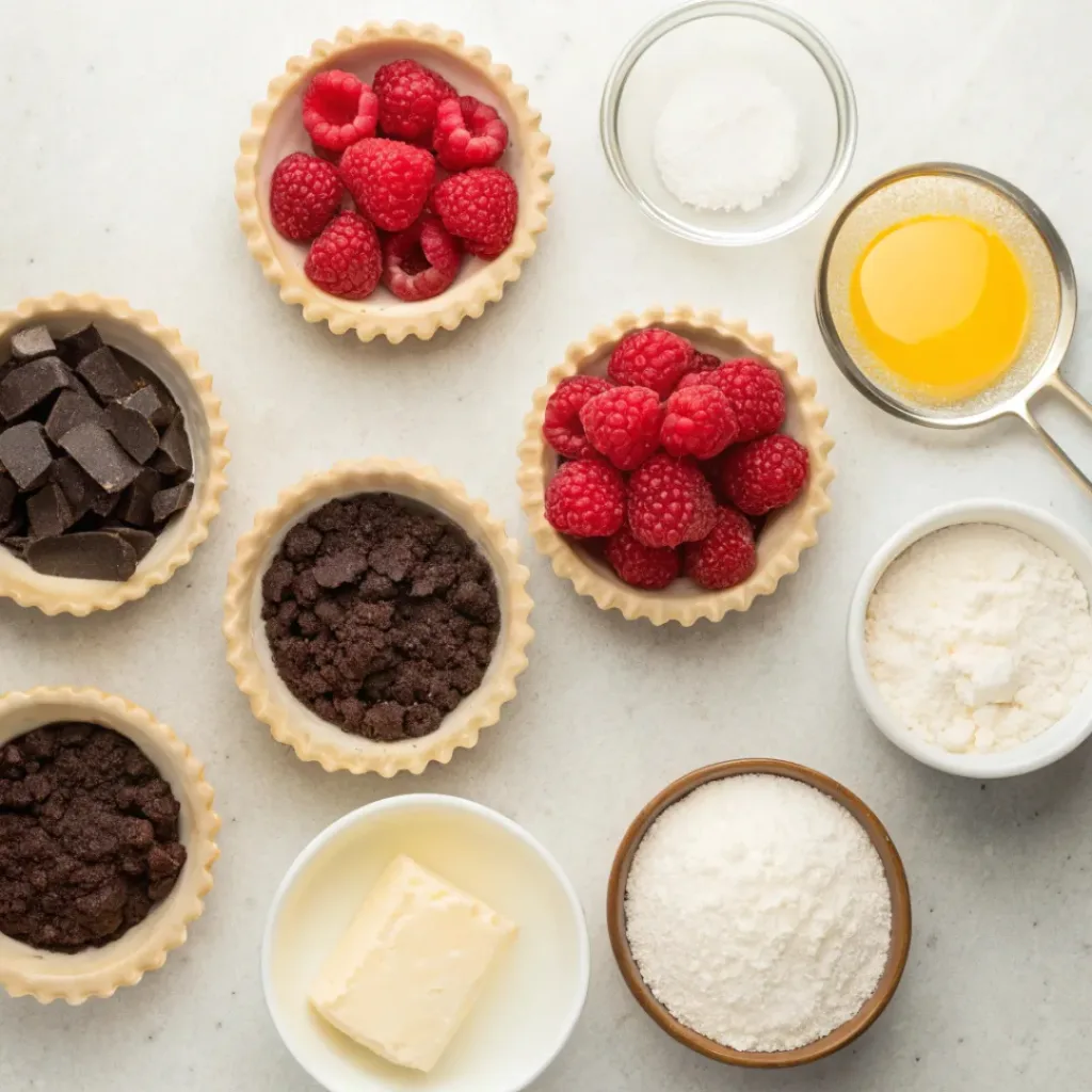 Mini chocolate raspberry tarts ingredients flat lay