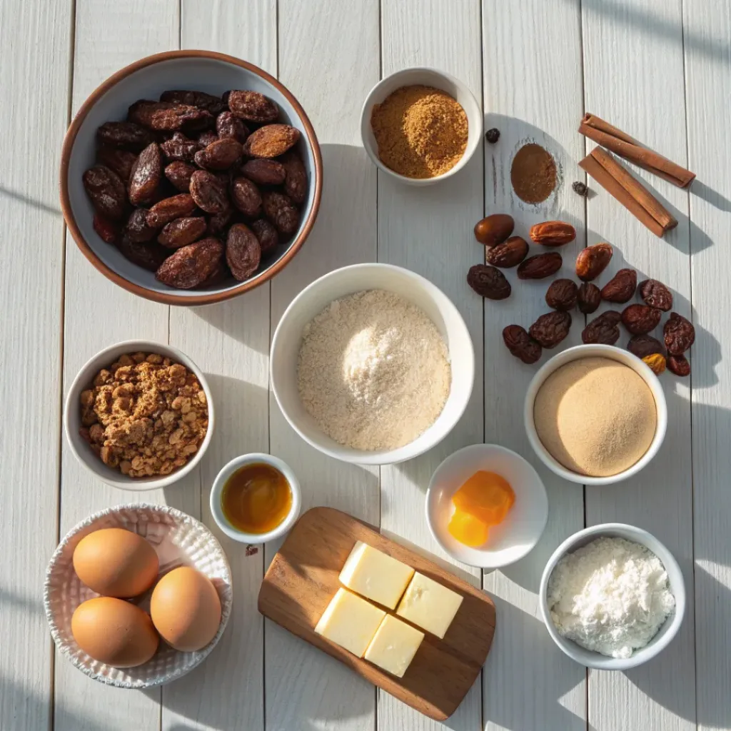 Flat lay of all ingredients needed for Moist Date Cake