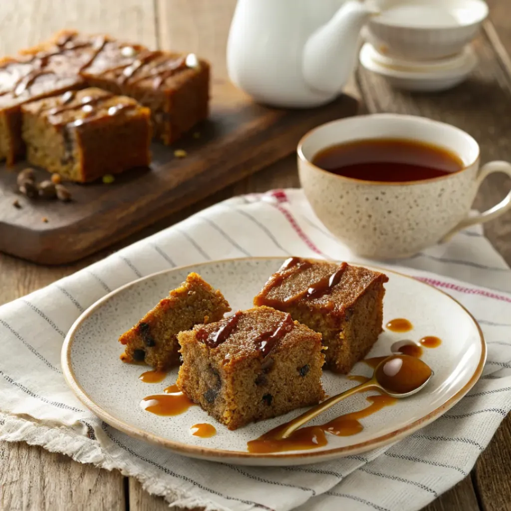 Sliced Moist Date Cake served with caramel drizzle