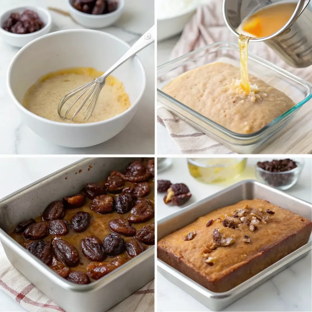 Collage showing steps to make Moist Date Cake
