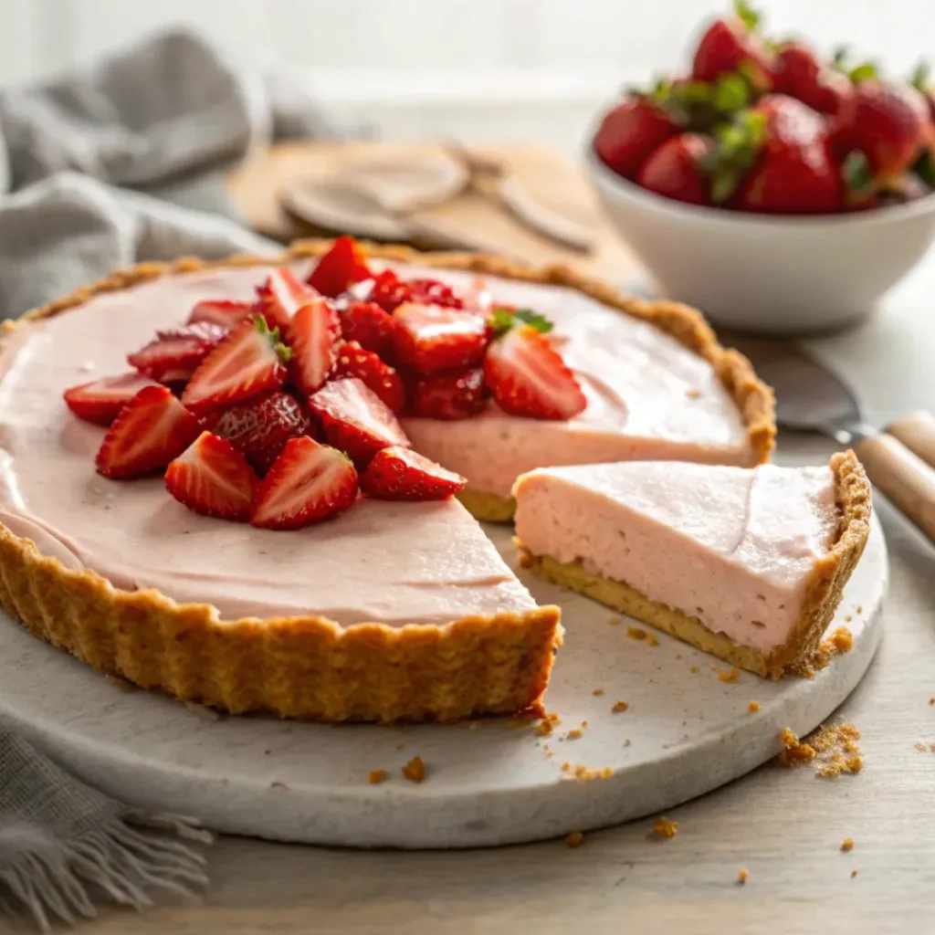 No-Bake Strawberry Pie topped with fresh strawberries