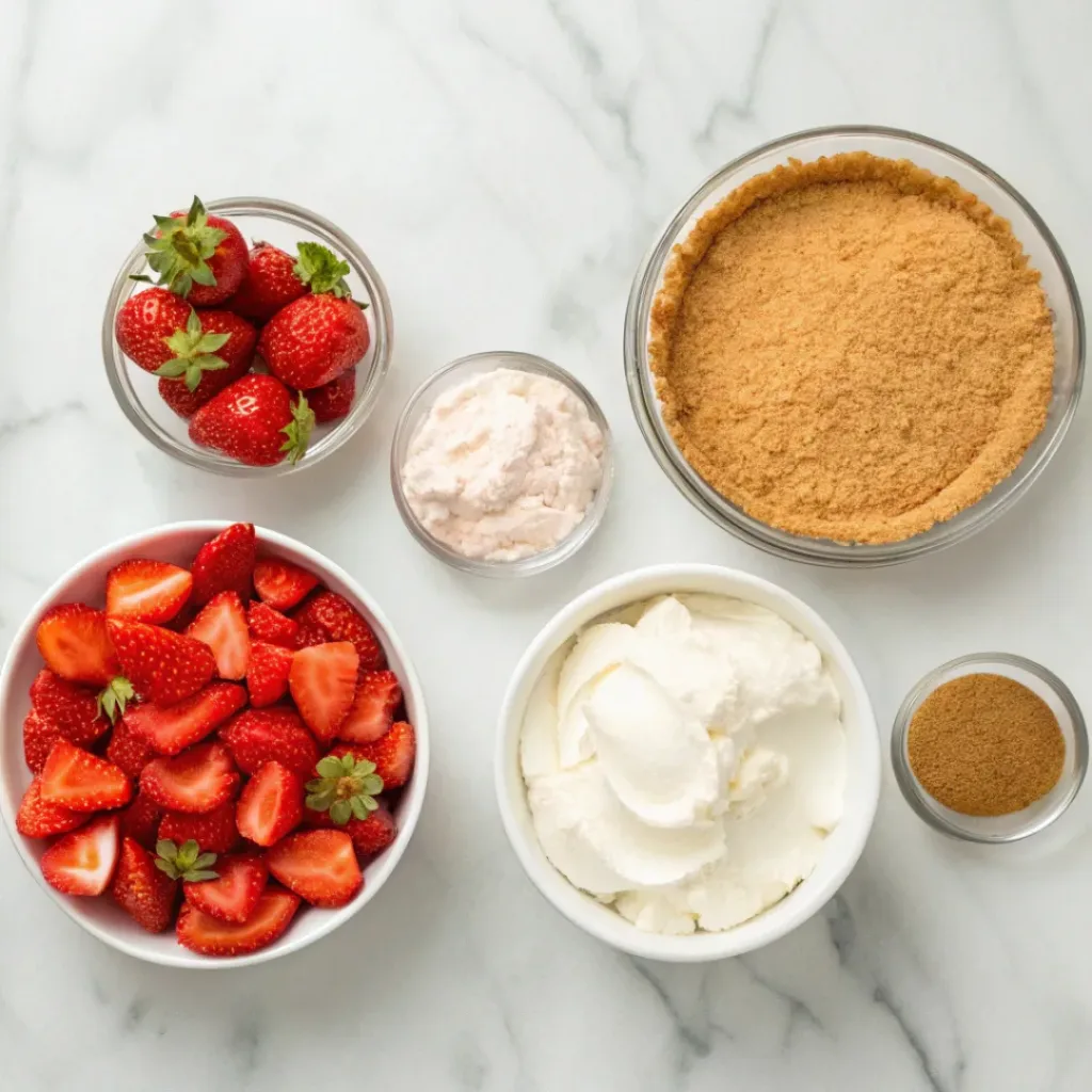 No-Bake Strawberry Pie ingredients flat lay