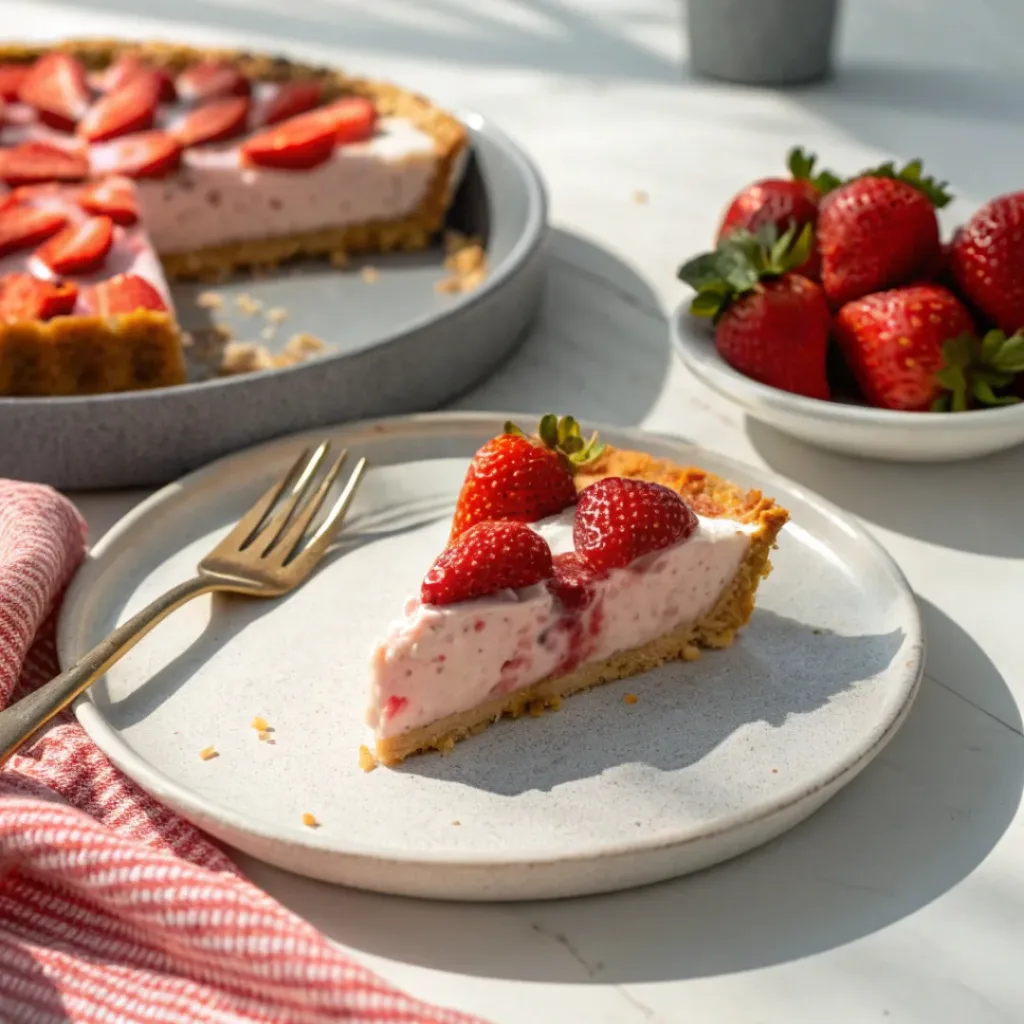 Slice of No-Bake Strawberry Pie served with fresh strawberries