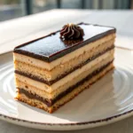 Close-up of layered Classic Opera Cake slice