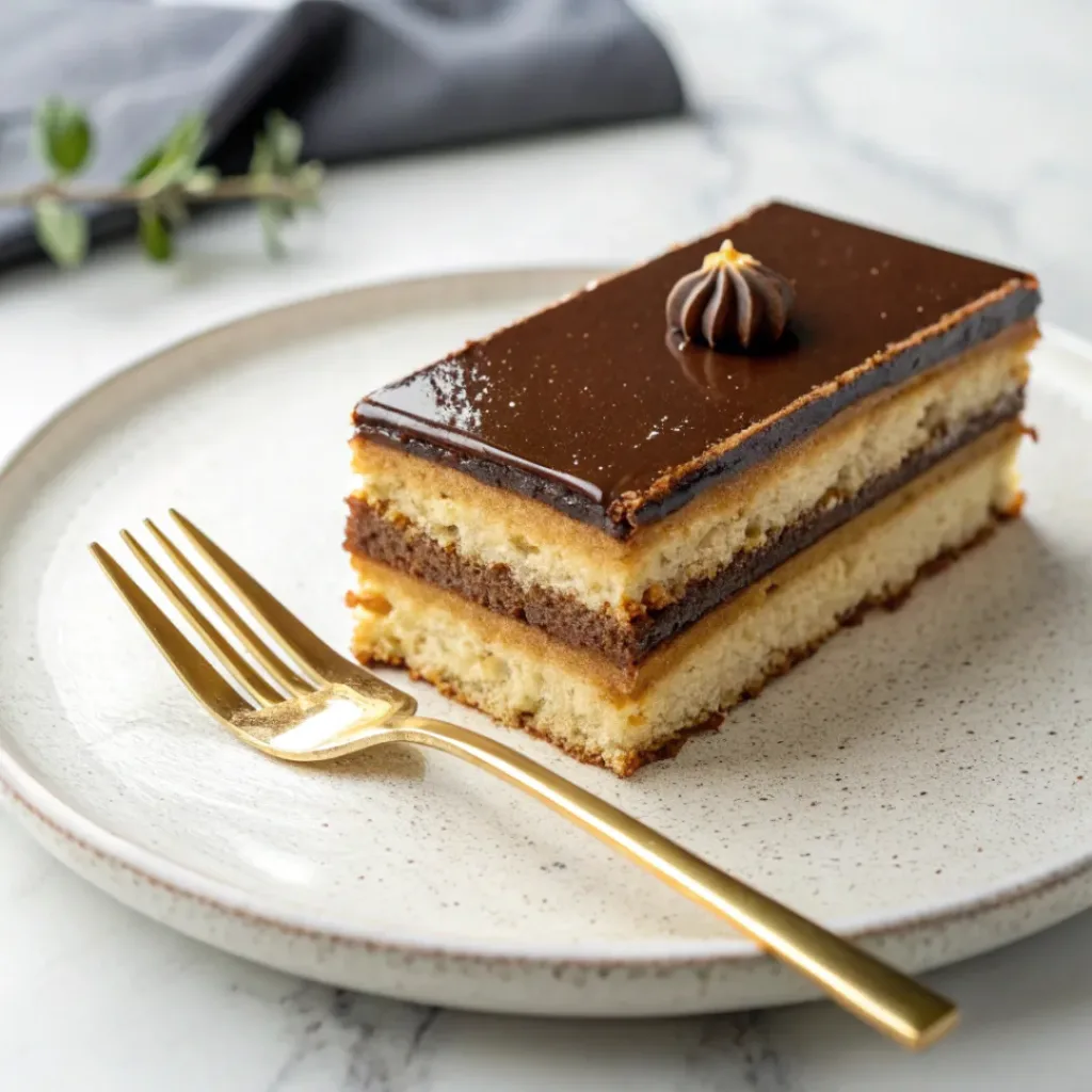 Served slice of Opera Cake with glossy chocolate top