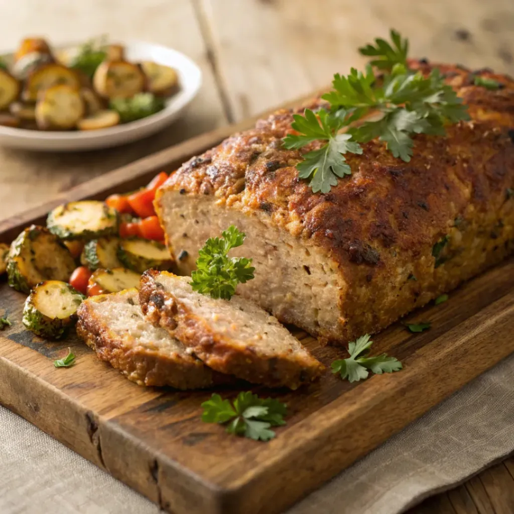 Baked Parmesan Chicken Meatloaf garnished with parsley