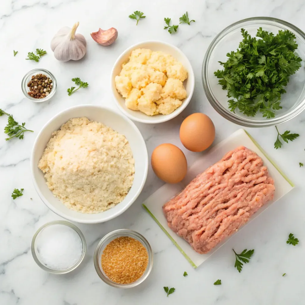 Fresh ingredients for Parmesan Chicken Meatloaf on marble countertop