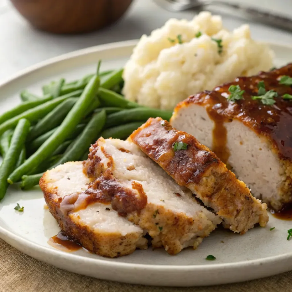 Sliced Parmesan Chicken Meatloaf with mashed potatoes and green beans