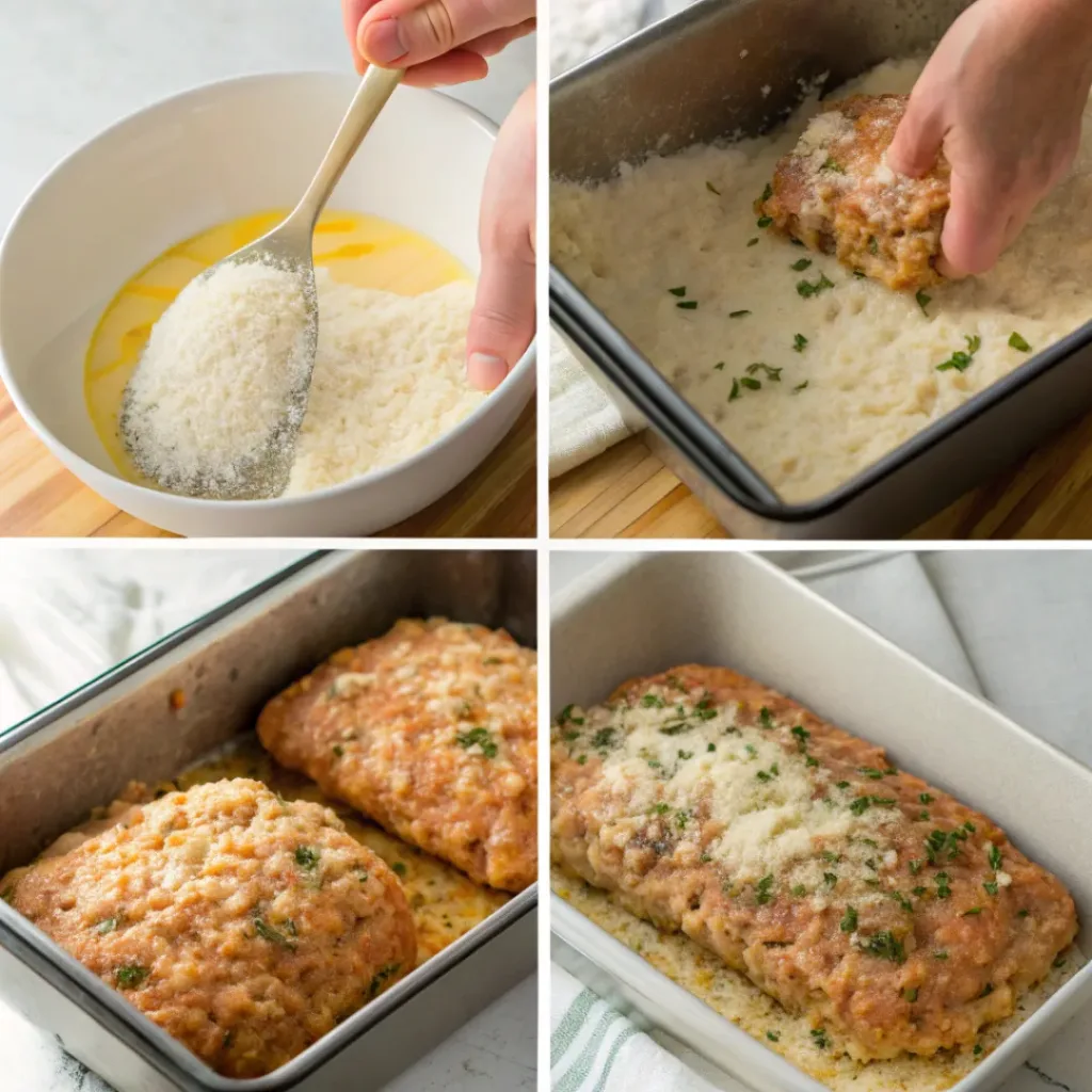 Step-by-step collage of preparing Parmesan Chicken Meatloaf
