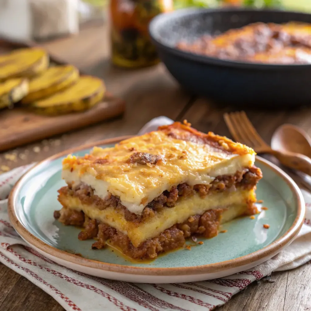 Puerto Rican Pastelón slice with plantains and meat