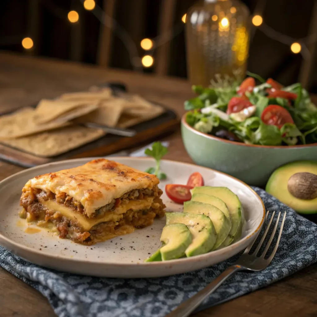 Pastelón served with salad on a plate