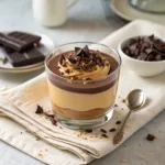 Peanut Butter Mousse topped with chocolate ganache in a glass