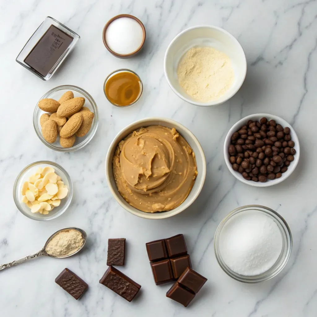 Peanut Butter Mousse with Chocolate Ganache 6 Flat lay of ingredients for peanut butter mousse with chocolate ganache