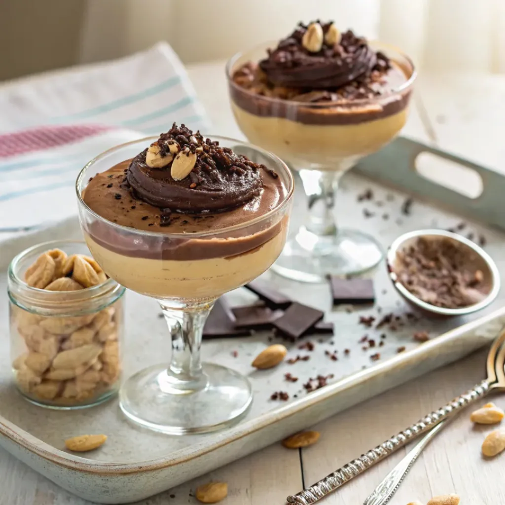 Peanut Butter Mousse with Chocolate Ganache 8 Peanut Butter Mousse with chocolate ganache served in glasses