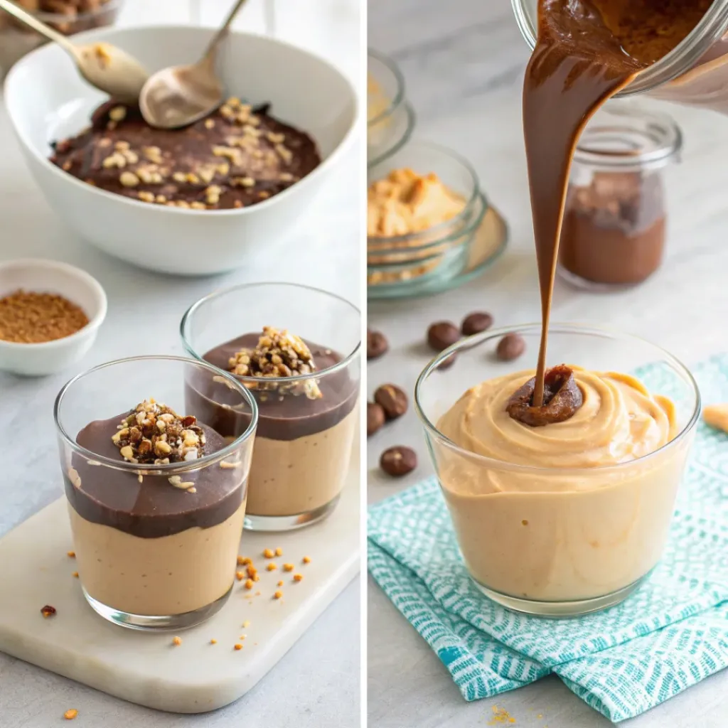 Peanut Butter Mousse with Chocolate Ganache 7 Step-by-step collage of making peanut butter mousse with chocolate ganache