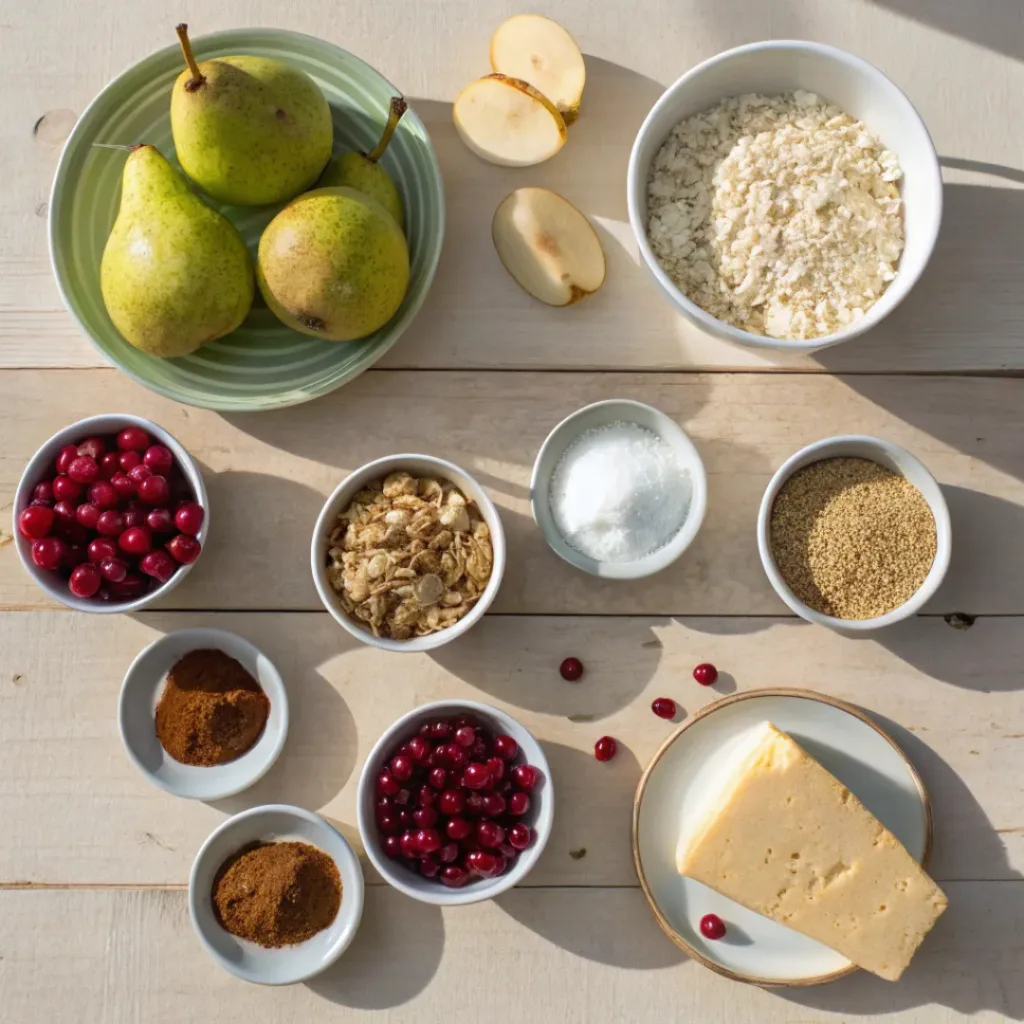 Flat lay of Pear and Cranberry Crumble ingredients