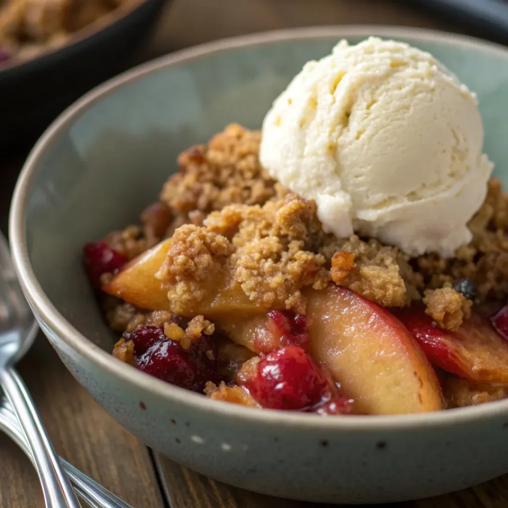 Served Pear and Cranberry Crumble in a bowl with ice cream