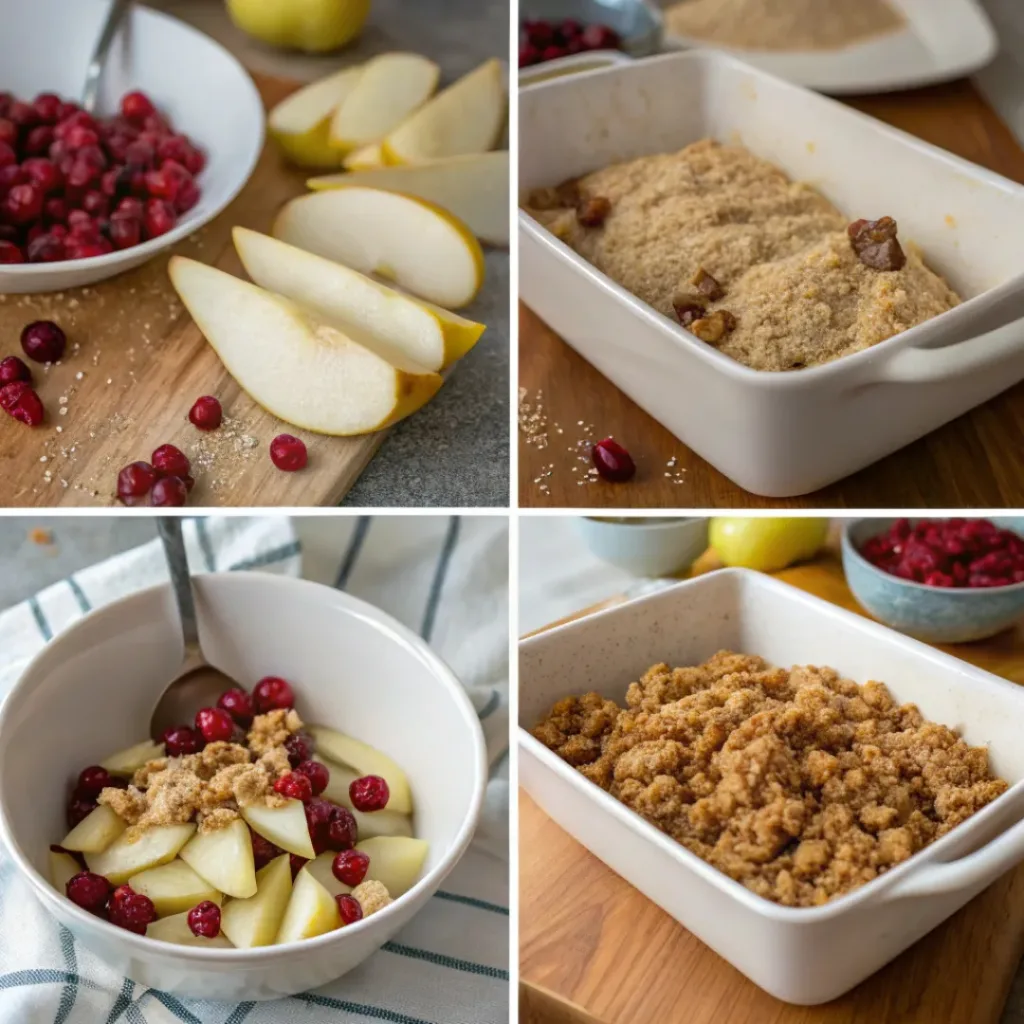 Collage of making Pear and Cranberry Crumble