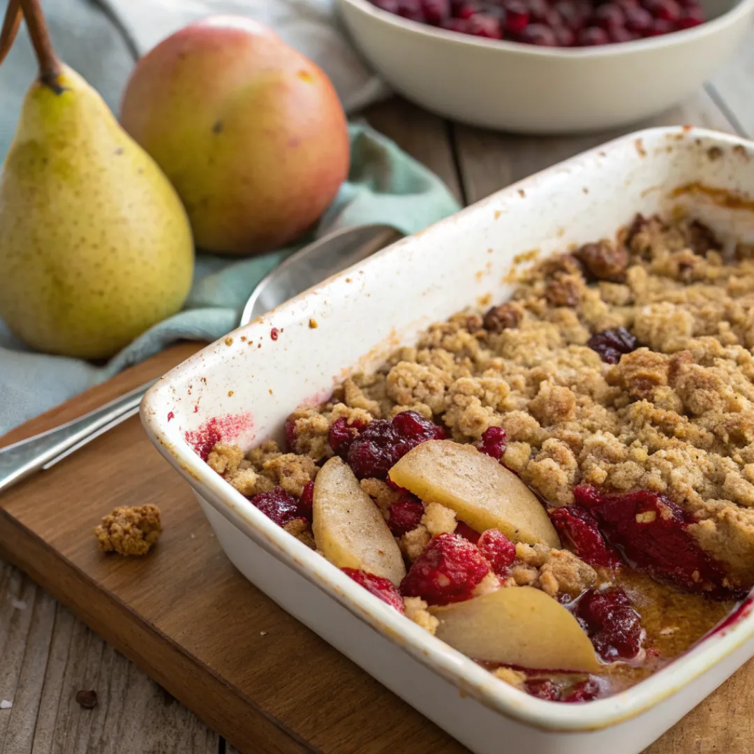 Close-up of Pear and Cranberry Crumble in baking dish