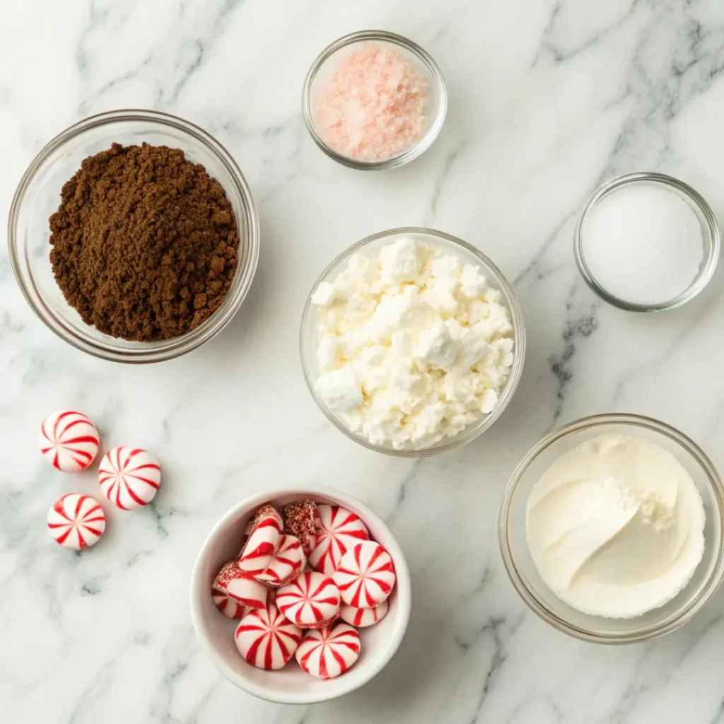 Peppermint Cheesecake Bites – Creamy & Festive Treats 6 Flat lay of ingredients for peppermint cheesecake bites