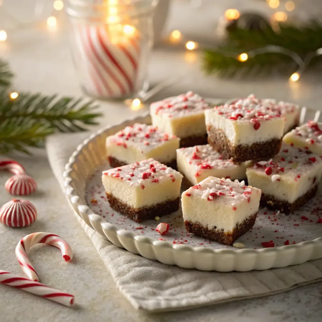 Peppermint Cheesecake Bites – Creamy & Festive Treats 8 Peppermint Cheesecake Bites on a festive holiday platter