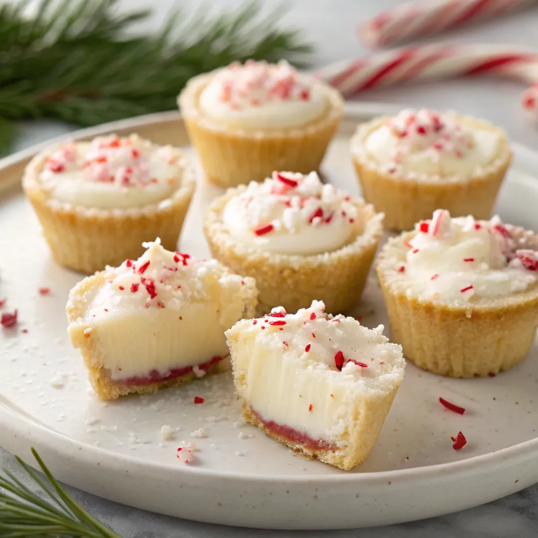 Peppermint Cheesecake Bites on a plate with crushed peppermint