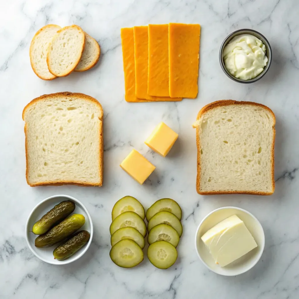 Pickle Grilled Cheese Sandwich – Tangy & Cheesy Comfort 6 Flat lay of ingredients for pickle grilled cheese sandwich