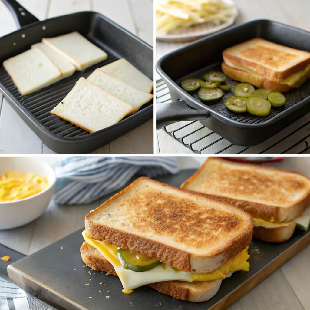 Pickle Grilled Cheese Sandwich – Tangy & Cheesy Comfort 7 Step-by-step collage of making pickle grilled cheese sandwich