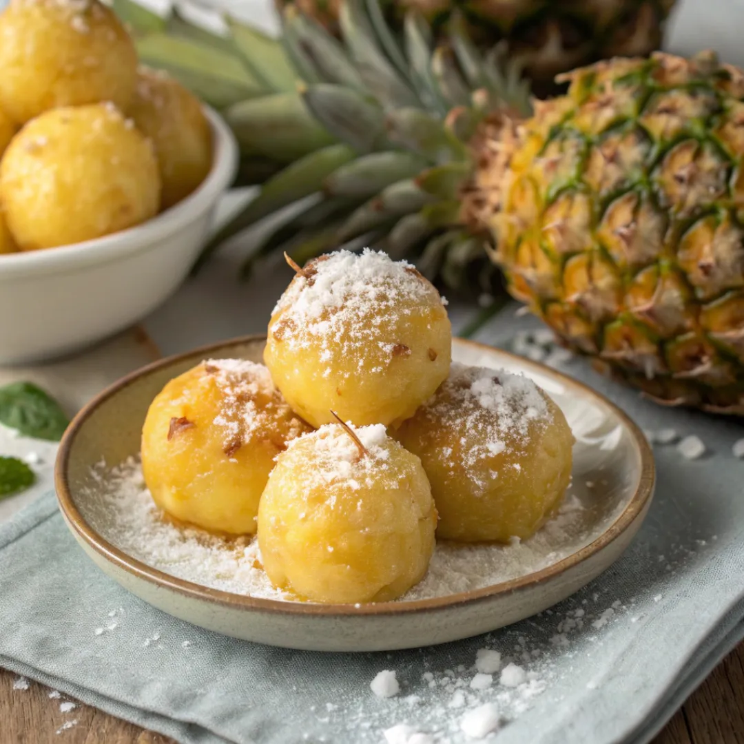 Close-up of sweet Pineapple Balls on a plate