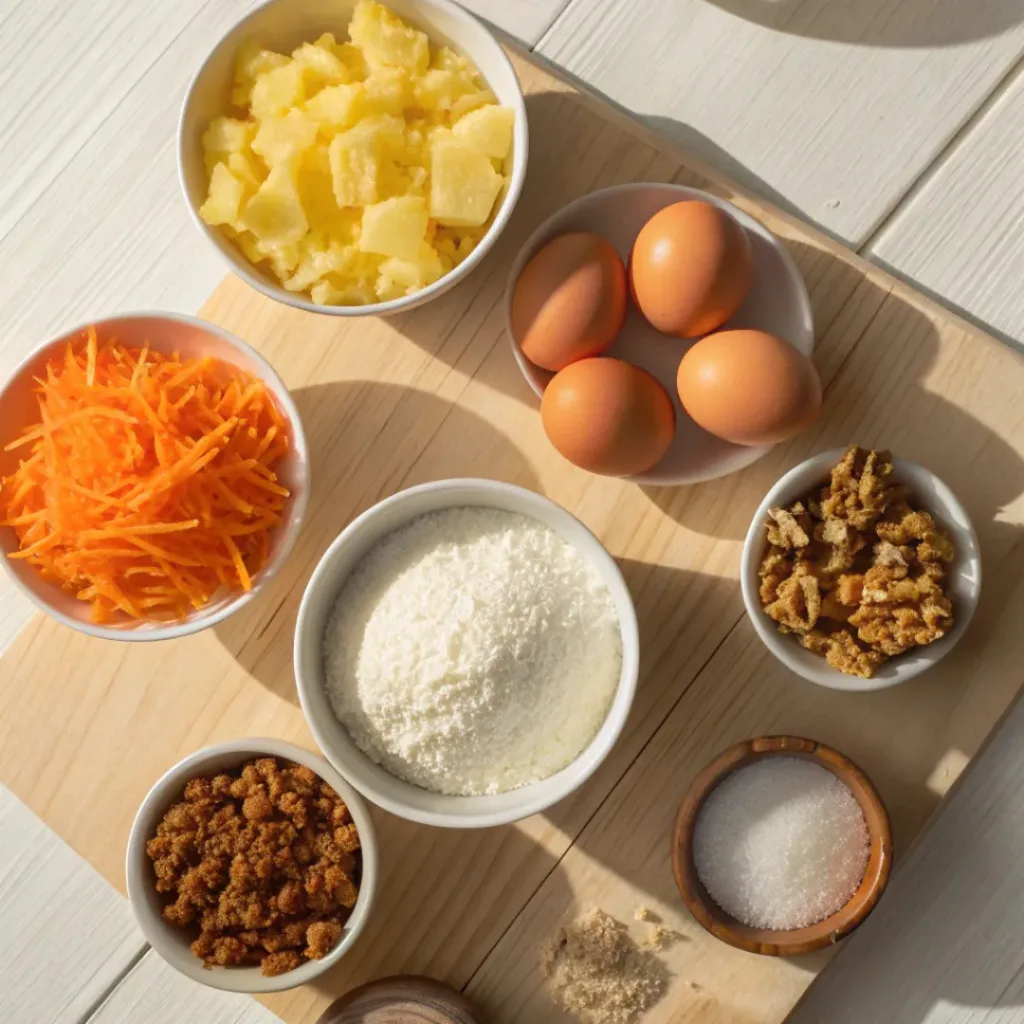 Flat lay of Pineapple Carrot Cream Cake ingredients